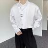 Camisa de Manga Larga con Cuello de Botón Metálico Estilo Chino de Moda Nacional para Hombres y Mujeres Camisa Holgada de Jacquard Satinado Yuppie para Parejas