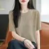 Camiseta de Punto de Manga Corta Estilo Old Money para Mujer, Verano 2026, Cuello Redondo Delgado con Diseño Calado, Top de Media Manga Adelgazante y Versátil
