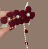 Pasador de Flor de Terciopelo Rojo para Mujer, Accesorio para el Cabello Exquisito de Alta Gama, Pinza para el Cabello de Perla Estilo Antiguo, Pinza de Pato