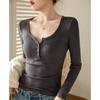 Camiseta Henley de Algodón de Canalé Fino de Alta Elasticidad Seleccionada para Mujer, Nueva Prenda Superior de Manga Larga Ajustada para Otoño e Invierno, Camiseta Base
