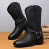 Botas de cowboy ocidentais vintage transfronteiriças, fivela de cinto bordada masculina, botas de montaria de cano médio, salto quadrado, botas de trabalho da moda, botas de motocicleta
