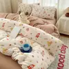 Conjunto Quatro Peças de Gaze Dupla Ins Desenho Animado Capa de Edredom Lençol de Cama Algodão Lavado Estilo Fresco e Fofo Conjunto Três Peças para Dormitório Estudantil