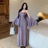 Outono Precoce Design de Nicho Estilo Suave Vestido de Tricô Crochê com Alça Fina Conjunto de Cardigã Outerwear Saia Longa Feminino