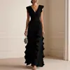 Comercio Exterior Transfronterizo Sitio Independiente de Ropa para Mujer Amazon Color Sólido Plisado Manga Corta Cuello en V Volante Vestido Largo Vestido de Gala