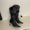 []2026 Novas Botas Longas Bico Fino Amassadas Salto Alto Empilhado Botas Altas Outono Inverno Nova Moda Botas Longas de Puxar