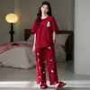 Pijama de Algodón Lycra para Mujer, Rojo Festivo Sencillo Casual de Manga Corta y Pantalón Largo para Pareja de Recién Casados, Conjunto de Ropa para el Hogar para el Año de Nacimiento