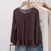 Camisa fina de algodón y lino naranja para mujer, nueva colección de otoño 2026, talla grande, efecto adelgazante, con dobladillo fruncido, top protector solar