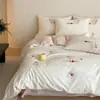 Juego de Cuatro Piezas de Satén de Algodón de Fibra Larga de Alto Hilo, Lujo Ligero, Ropa de Cama de Algodón Puro de Alta Calidad, Tres Fundas de Edredón, Sábana Ajustable 4