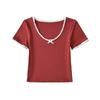 Camiseta Feminina de Verão com Costura de Renda Contrastante Estilo Ballet Vintage Ajustada ao Corpo Gola U Laço Bm Top Tricotado de Manga Curta