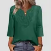 Top de Manga Tres Cuartos con Encaje, Color Sólido, Cuello en V, Estilo Camiseta, Empalmado, Corte Holgado, para Mujer, Europeo y Americano, Primavera/Verano 2026