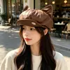 Boina retro estilo coreano para outono e inverno, em PU, com orelhas de gato fofas, para mulheres, faz o rosto parecer menor, versátil e estiloso, chapéu de pintor, chapéu octogonal
