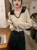 Tamanho Grande Redutor de Idade Gola Polo Contrastante Base de Tricô Camisa Top Manga Longa Ombro Estilo Ocidental para Meninas Cheinhas Emagrecimento Primavera e Outono