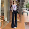 Jeans Retrô Americano Flare Longo Emagrecedor Básico Cor Escura Hot Girl Botão Duplo Outono e Inverno Novo Emagrecedor Versátil