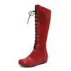 En stock: Nuevas botas casuales de cuña con estampado de encaje 2026, botas de moda de caña alta con cordones, botas de talla grande, botas de exportación
