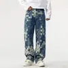 Pantalones Vaqueros Cuadros Mosaico Hombres Otoño Moda Marca Rectos Holgados High Street Pierna Ancha Estilo Americano Distintivos Pantalones Largos