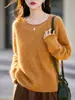 Suéter de Tricô Redondo com Punhos de Lã Cashmere Outono/Inverno 2026 Manga Longa Fio Floral Suéter Top de Lã Escovada para Mulheres
