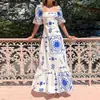 Verão 2026 Novo Estilo Transfronteiriço Europeu e Americano Comércio Exterior Moda Feminina Elegante e Fashion Estampado Vestido com Mangas Bufantes Ajustado na Cintura