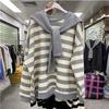 Primavera y Otoño talla grande Suelto niña gordita Temperamento Ocio Estilo Occidental Reductor de edad Chal Sudadera de cuello redondo a rayas anchas Venta al por mayor Comercio exterior