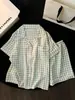 Pijama Nuevo de Verano 2026 para Mujer, Shorts de Cuadros Azules de Manga Corta, Traje Dulce, Solapa, Algodón de Burbuja, Estilo Delgado, Ropa de Casa de Moda