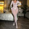 Lingerie Erótica Ultra-Fina Brilhante e Sexy, Meias Vermelho-Rosa, Body Sedutor Transparente de Manga Longa com Abertura no Gancho Sy07