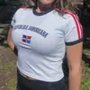 Top Corto de Verano para Mujer de Manga Corta con Bordado de Letras de Bandera Versátil Ajustado Camiseta de Manga Corta Mundial Ins