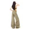 Novos jeans casuais de tecido de lona lavado estilo americano de cintura baixa, modelagem solta, perna larga, com estampa de primavera