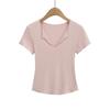 2542-25 Nuevo Estilo de Verano Estilo Europeo y Americano Dulce Casual Cuello en V Manga Corta Top Sexy Ajustado Camiseta Corta