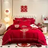 Nuevo Juego de Cuatro Piezas para Boda China Rojo Grande Algodón Puro Cepillado Bordado de Dragón y Fénix Funda Nórdica Habitación de Boda Ropa de Cama para Dote
