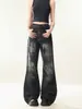 Jeans de Pierna Ancha Plisados con Estampado de Rayos Lavados Estilo Retro Americano para Hombres y Mujeres, Pantalones Rectos Ajustados Vintage Cleanfit