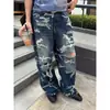 Calça Jeans Casual Rasgada Lavada da Marca Tendência Transfronteiriça 2026 Nova Cintura Alta Solta Modeladora Versátil Reta Wide Leg