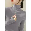 Elegante y sofisticado suéter de cuello alto verde oscuro con mangas largas, camisa base tejida para mujer A5455
