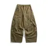 Yidao Vintage 2026 Outono Novo Retro Americano Corte Assimétrico Bolso Grande Cor Sólida Solto Perna Larga Curvo Calça de Trabalho