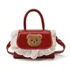Mini Bolso de Mano de Encaje con Oso de Dibujos Animados para Niñas Estilo Coreano Lindo y Versátil Bolso Cruzado Pequeño Cuadrado para Mujer
