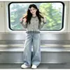 Cárdigan de punto a cuadros con retazos estilo preppy para niña, pantalones vaqueros de moda y casuales con estampado de estrellas, conjunto de dos piezas para primavera y otoño para niña