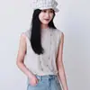 Camiseta sin mangas de cuello alto a media altura de Tencel y lana, estilo de fila simple, top drapeado amigable con la piel, elegancia francesa minimalista