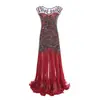 Vestido de Noite Vintage dos Anos 1920 com Lantejoulas, Miçangas, Renda e Barra Franzida, Vestido Longo