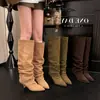 Comercio Exterior Transfronterizo Elegantes Botas Largas de Piel de Vaca Deslizables de Tacón Fino con Punta Puntiaguda y Plisados Versátiles hasta la Rodilla para Mujer