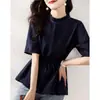 Camisa Elegante com Ajuste na Cintura para Mulheres, Nova Coleção Verão 2026 Estilo Coreano Redutora de Idade Camiseta Pulôver, Camisa Versátil com Manga Sino Retrô