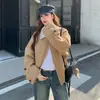 Jaqueta Curta Patchwork Listrada Estilo Retrô Americano Cáqui Feminina Primavera Outono Petite Casual Versátil Jaqueta com Lapela