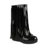 Zapatos de cuña con punta redonda de charol, tallas 35-44, con plataforma impermeable, Botas de media pantorrilla para mujer de Otoño e Invierno, Zapatos Europeos y Americanos para Mujer de Talla Grande Transfronterizos