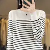 Nuevo suéter de otoño 2026 de cuello redondo Andy de terciopelo a rayas de manga larga, top de punto para mujer de corte holgado con colores contrastantes