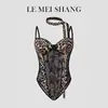 Lingerie Sexy Estilo Europeu e Americano Transfronteiriça, Conjunto Sexy de Renda Transparente com Estampa de Leopardo Sem Mangas e Lótus Atacado