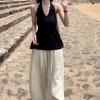 Conjunto de Top sin Mangas Negro Sexy con Cuello Halter en V y Pantalones de Pierna Ancha para Mujer, Ropa de Verano, Diseño Único y Moderno