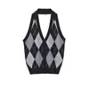 Chaleco de Punto Coreano Chic Primavera Nuevo Diseño Francés Cuello Halter Patrón de Diamantes para Mujer con Top de Espalda Descubierta de Botones