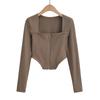 Cardigan Top Quadrado de Manga Longa Estilo Europeu e Americano para Mulheres 2023 Outono Novo Slim Irregular Curto com Zíper Camiseta