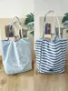 Bolsa de Lona Rayada con Contraste Fresco Menta Mambo Doble Pan Estilo Coreano Ins de Doble Uso Casual Bolso de Hombro Tote