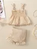 Al038-1 Malla de Algodón Teñido a Alta Temperatura Encaje Albaricoque Tirantes Camisa Baby Doll Diez Pantalones Cortos Moda Niña Conjunto de Dos Piezas