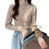Suéter de Otoño e Invierno para Mujer de Talla Grande Camisa de Fondo Tejida Estilo Coreano Cuello Alto Slim Hombro Recto Manga Larga Elástica Camiseta Top