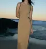 Falda con Tirantes de Poliéster Color Caqui Europea y Americana Transfronteriza de Una Sola Línea sin Mangas Larga con Encaje Empalmado de Atar Cintura Media Vestido sin Cierre