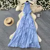 Vestido feminino sem mangas com gola halter estilo francês, vestido de verão de cintura alta em A até o chão com babados, vestido elegante estilo férias